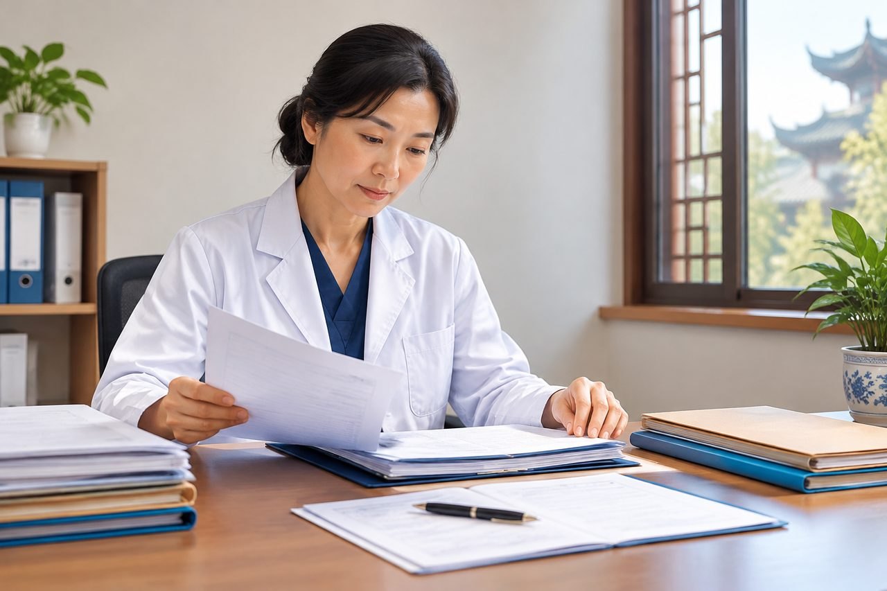 Illustrative image: A medical professional reviews documents in an office setting.