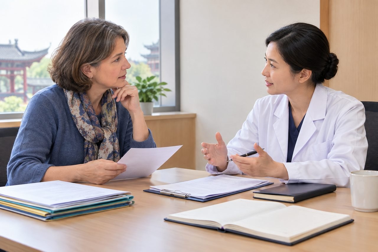 AI illustration: A doctor discusses with a patient during a consultation in a clinic setting.