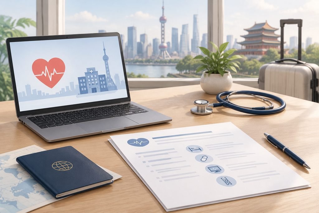 AI illustration: Heart-care planning icons beside a checklist and travel documents