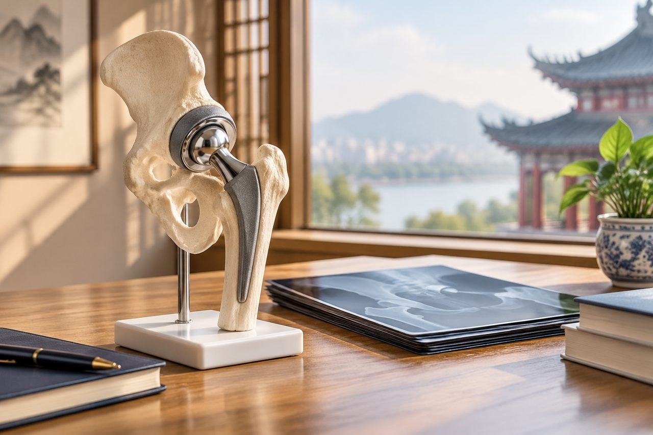 Illustrative image: A hip joint anatomical model is displayed on a desk with X-ray images and a scenic view in the background.