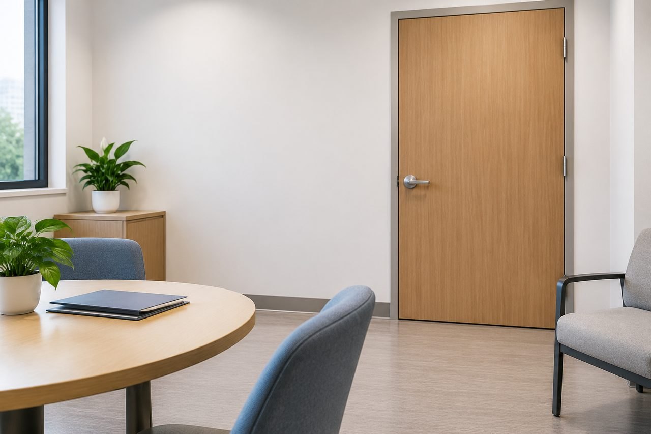 AI illustration: A modern consultation room featuring a round table, chairs, and a door.