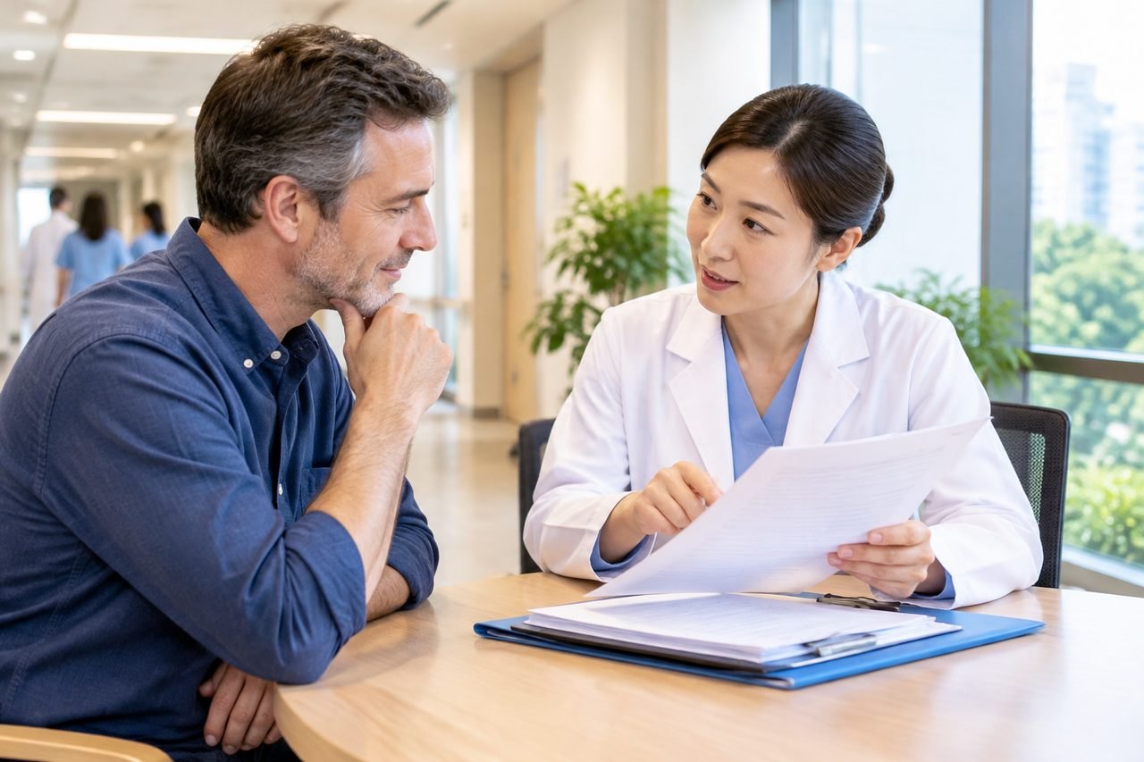 AI illustration: A doctor discusses medical documents with a patient in a hospital setting.