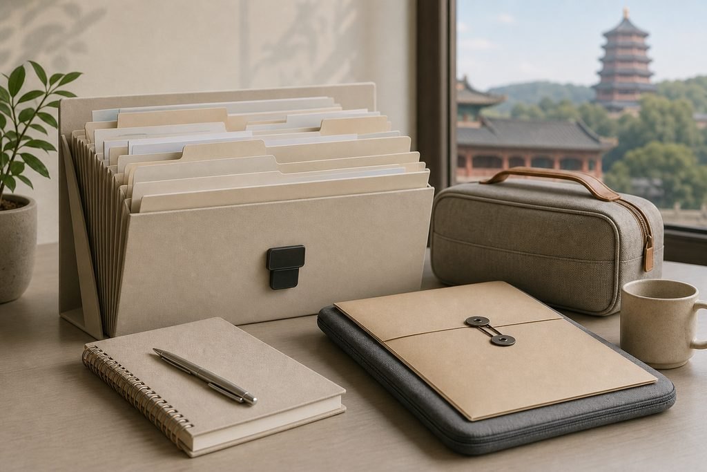 AI illustration: Organised records folders and a notebook beside a travel pouch