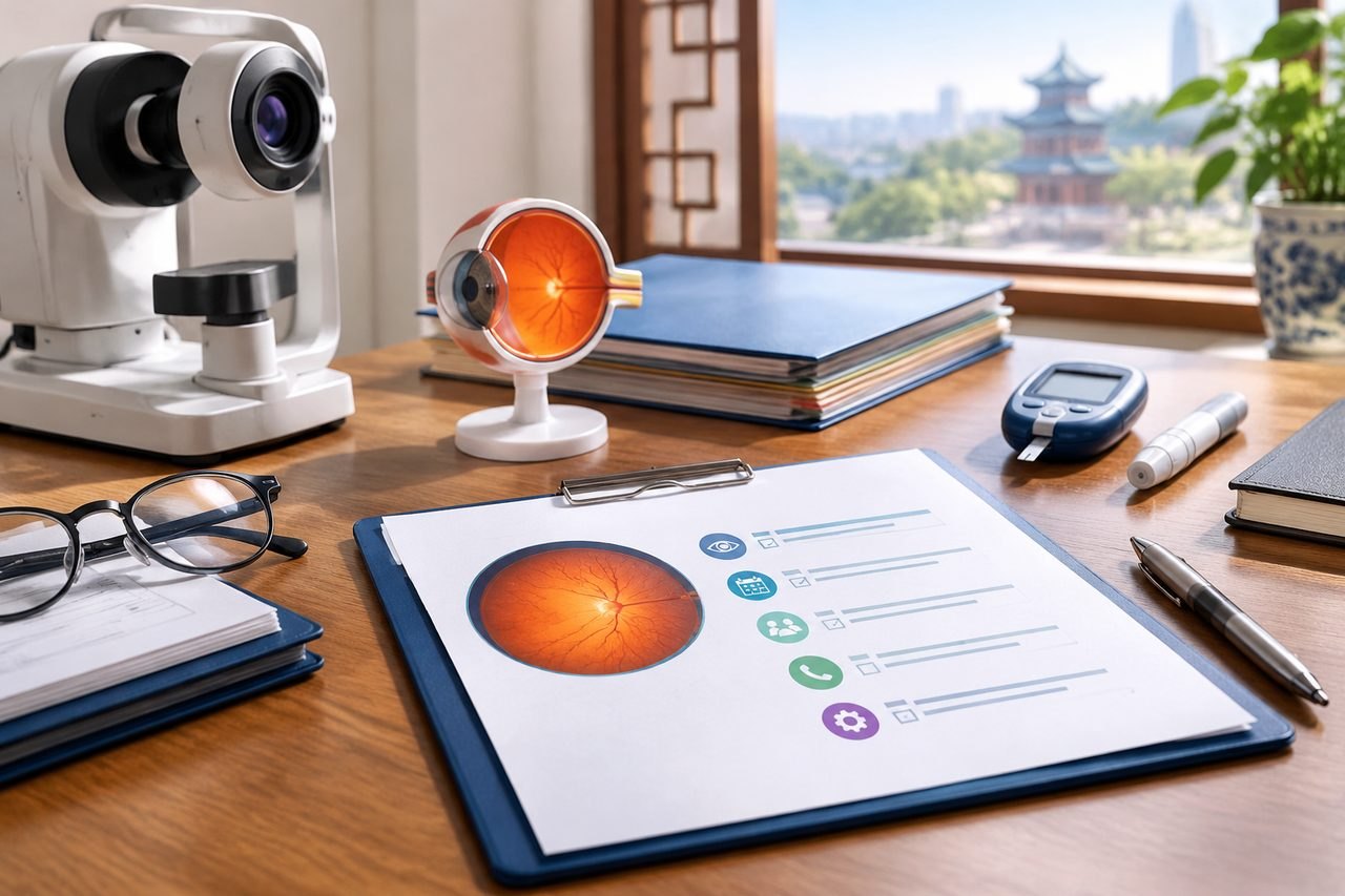 Illustrative image: An ophthalmic examination setup featuring an eye model, medical equipment, and patient records on a desk.