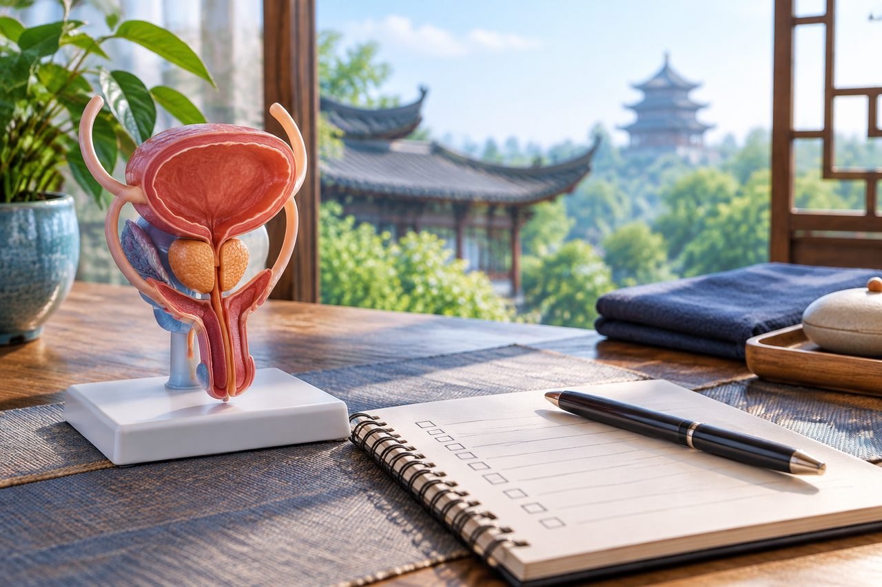 Illustrative image: A detailed anatomical model of the male reproductive system is displayed on a table with a notebook and pen, set against a scenic background.