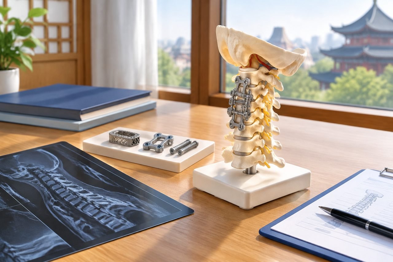 Illustrative image: A detailed anatomical model of the spine is displayed on a desk alongside X-ray images and medical tools.