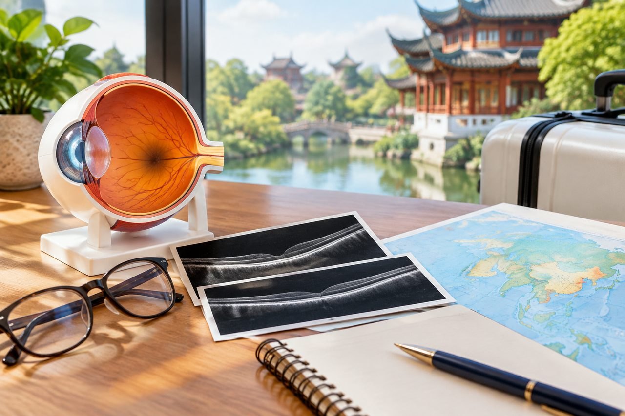 Illustrative image: A model of an eye is displayed alongside medical images and travel items on a table with a scenic view.