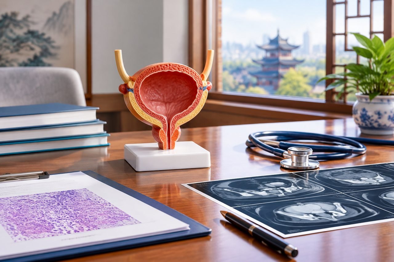 Illustrative image: A medical consultation setting featuring a bladder anatomical model, medical imaging, and a stethoscope on a desk.