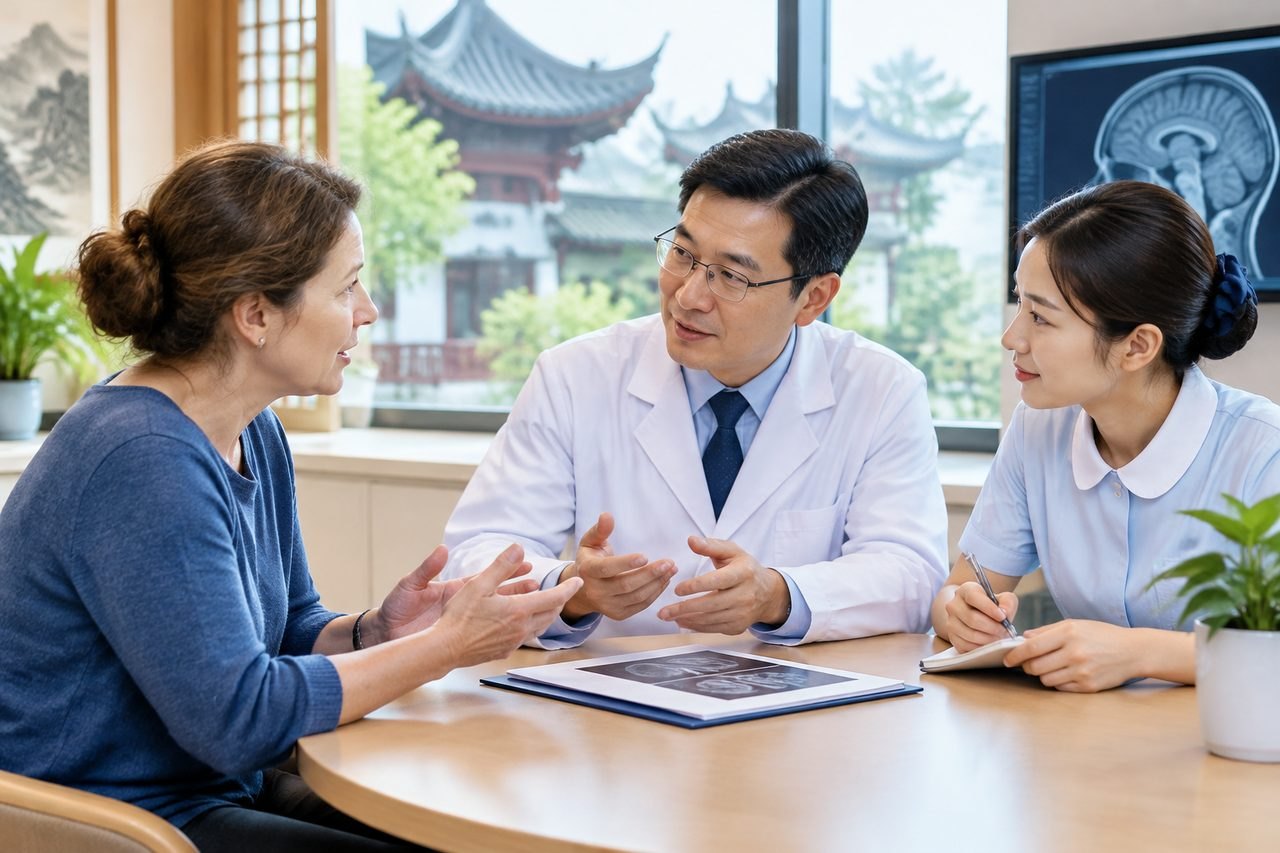 Illustrative image: A doctor and a nurse discuss a patient's case with the patient in a consultation room.