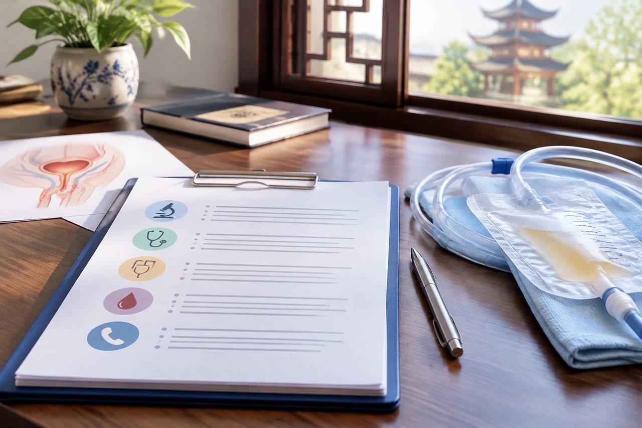 Illustrative image: A medical consultation setup featuring a clipboard, medical illustrations, and equipment on a desk.