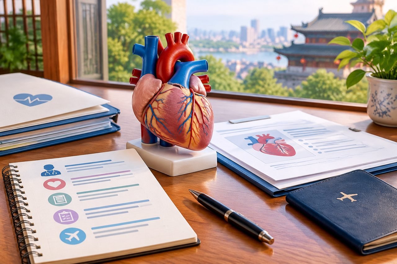 Illustrative image: A detailed anatomical model of a heart is displayed on a desk with medical documents and a view of a city skyline in the background.