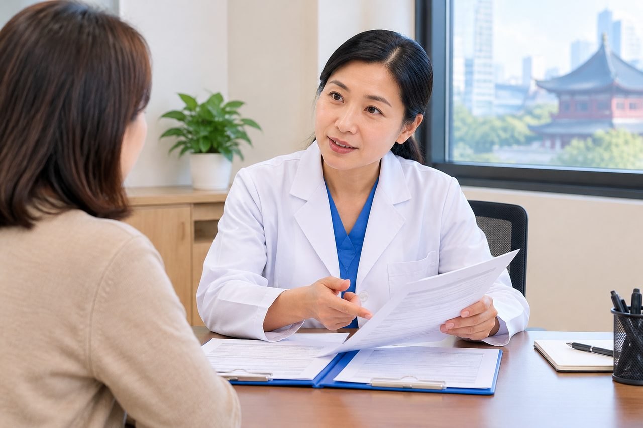 Illustrative image: A doctor discusses medical documents with a patient in a consultation room.