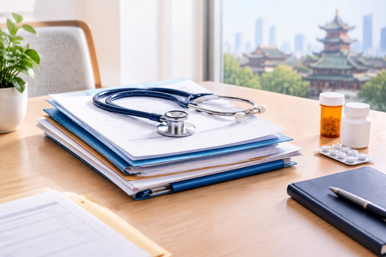 AI illustration: A medical workspace featuring a stethoscope, medication, and patient files on a wooden table.