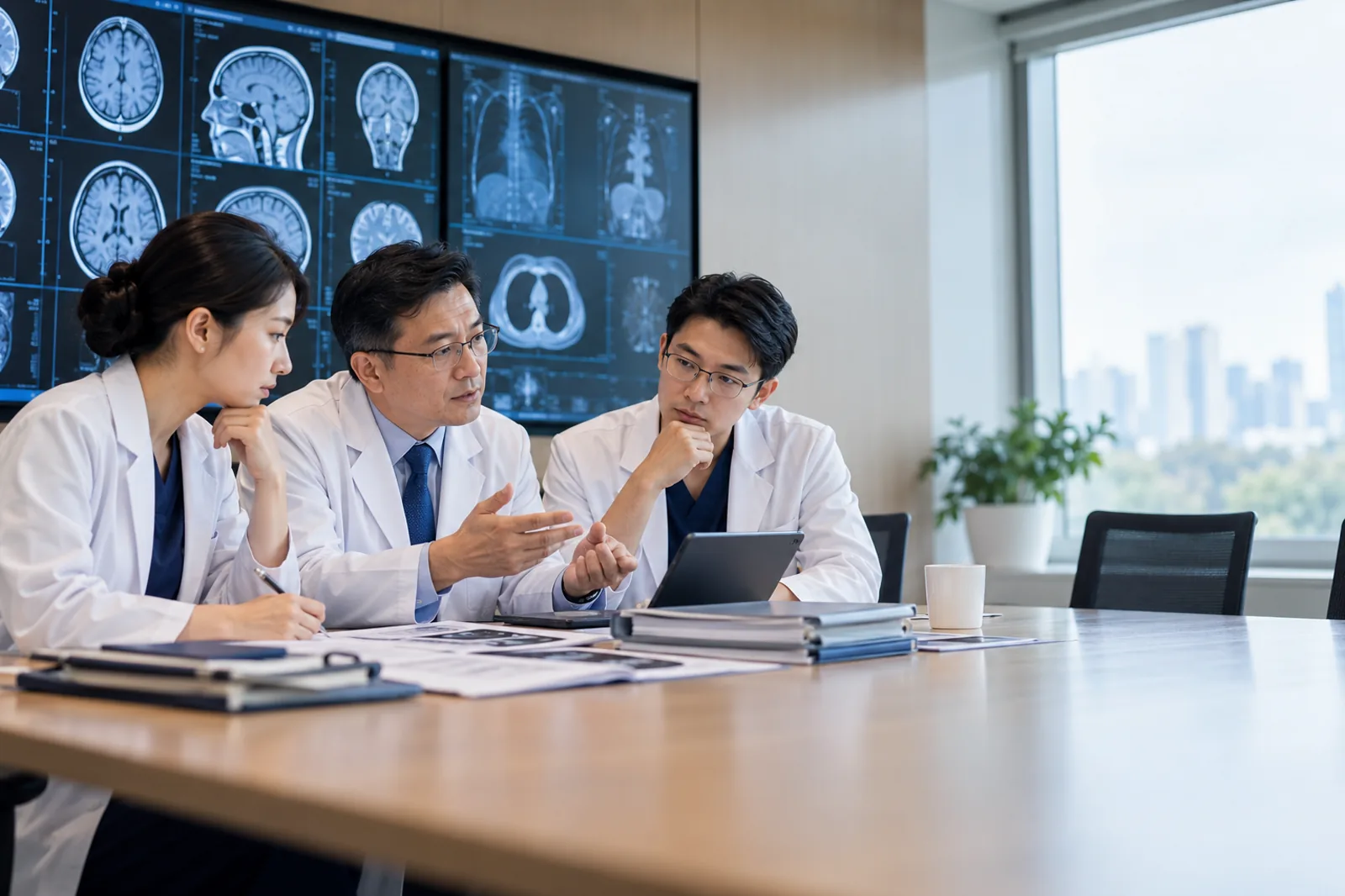 Chinese multidisciplinary specialist team reviewing medical imaging and organised case records
