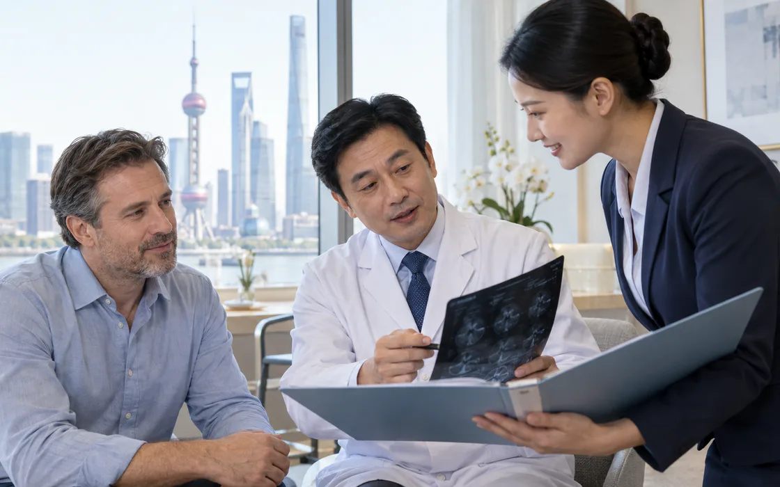 International patient and care coordinator reviewing medical information together