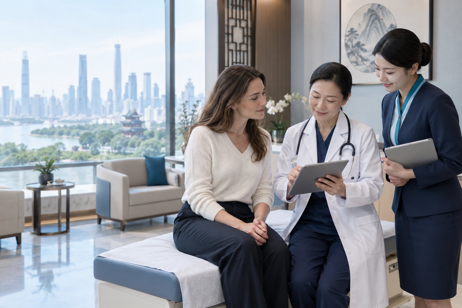 International patient reviewing a planned health check with a Chinese physician and bilingual coordinator
