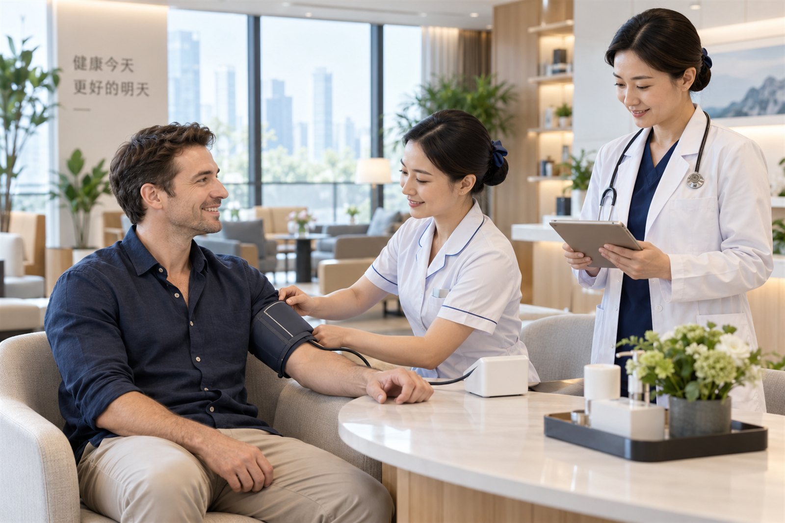 International patient having a routine blood pressure check in a comfortable private hospital screening lounge