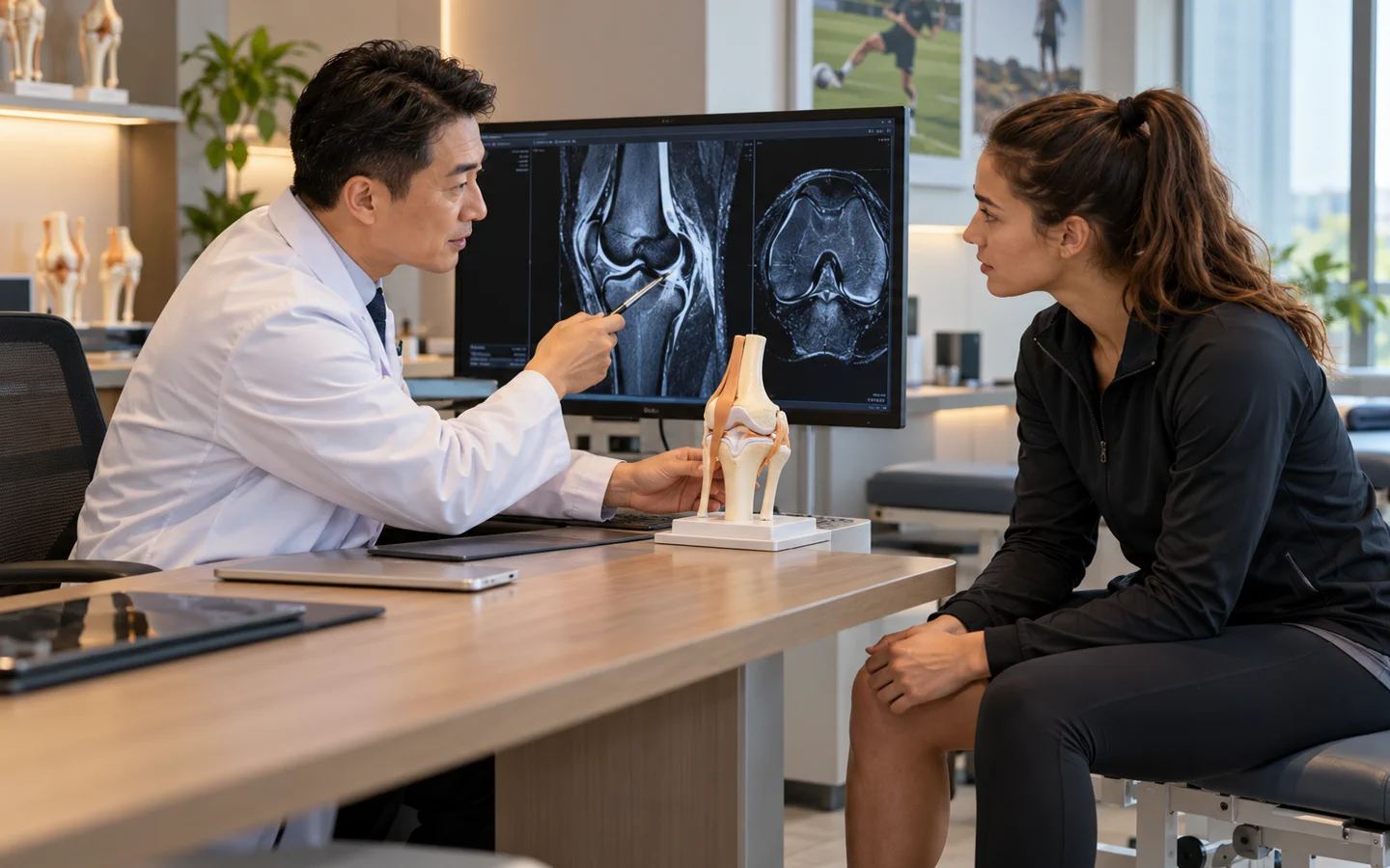 Chinese sports knee surgeon reviewing ACL MRI and a knee model with an international athlete