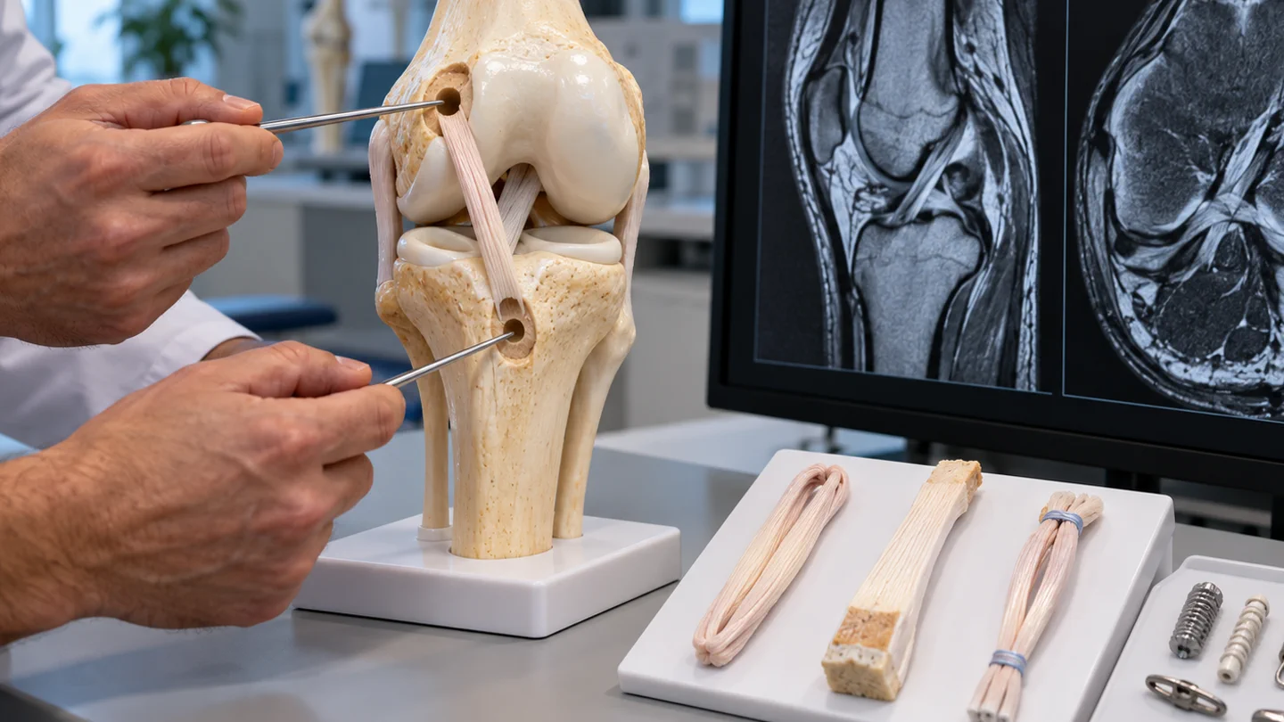 Knee model with ACL graft tunnels and fixation devices beside MRI during surgical planning