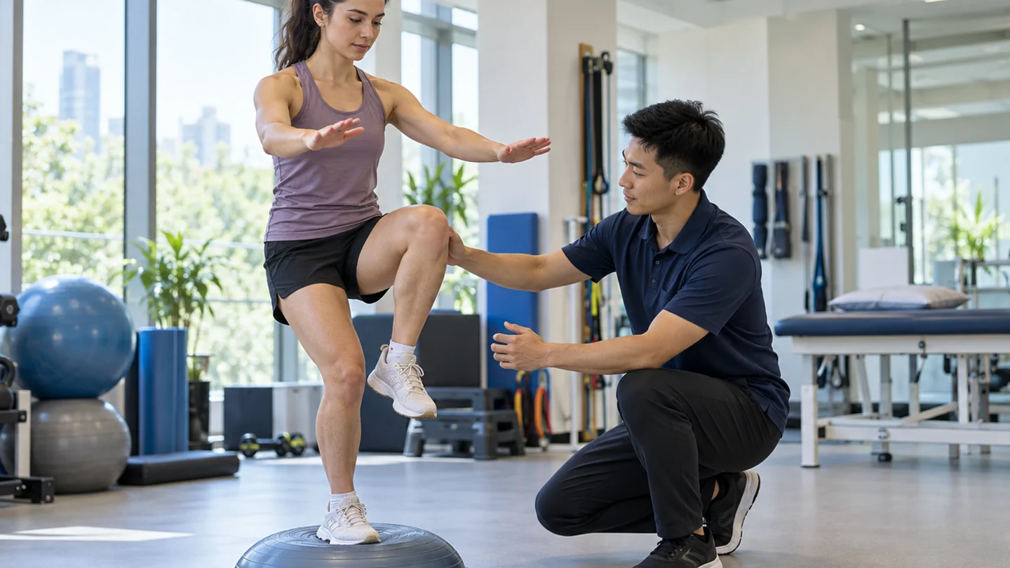 International athlete performing controlled knee rehabilitation with a Chinese sports physiotherapist