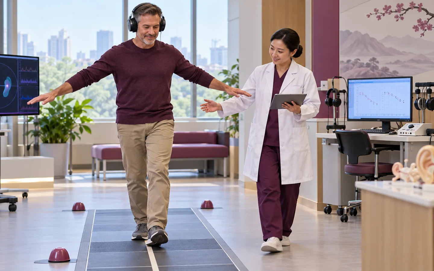 Fully clothed international patient completing hearing balance and facial nerve rehabilitation after acoustic neuroma treatment with a Chinese ENT clinician