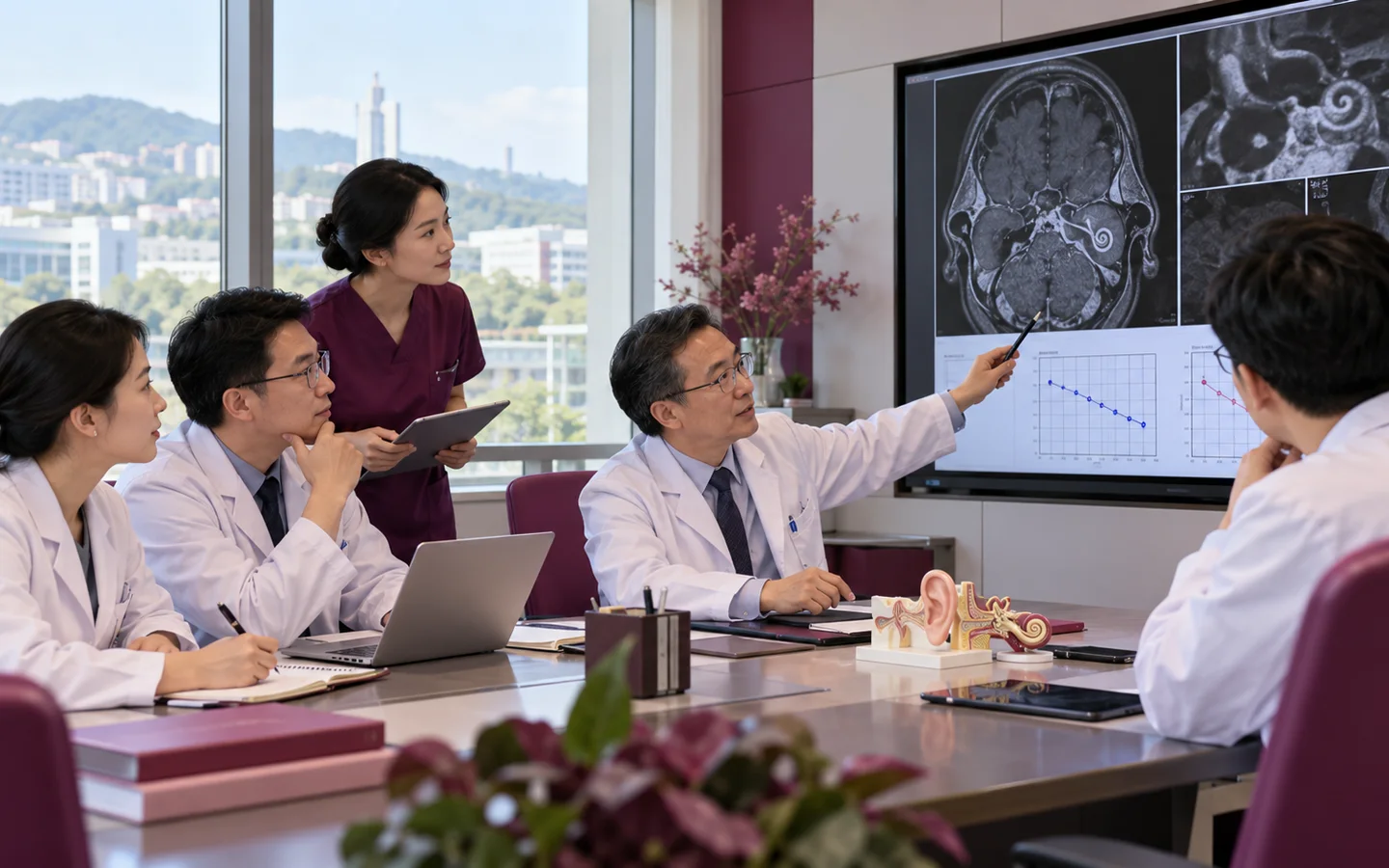 Chinese multidisciplinary ENT team reviewing serial MRI tumor measurements audiograms facial nerve goals and radiation or surgical options