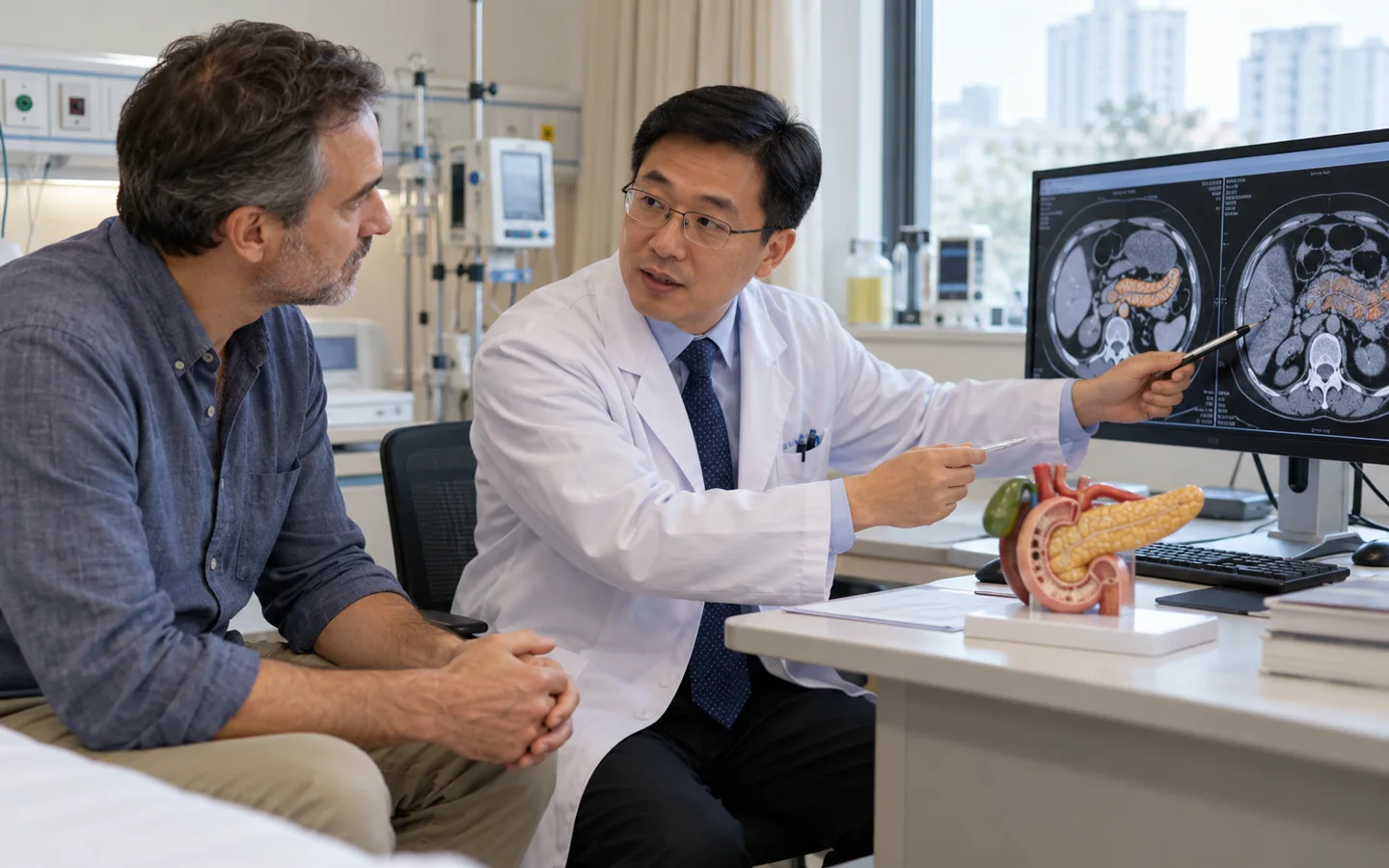 Chinese pancreatic specialist explaining acute and chronic pancreatitis to an international patient