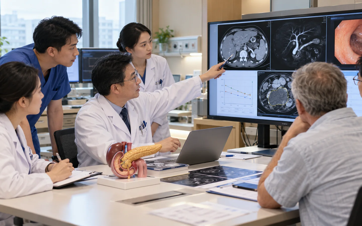 Chinese multidisciplinary pancreas team reviewing CT MRCP laboratory trends and a fluid collection plan