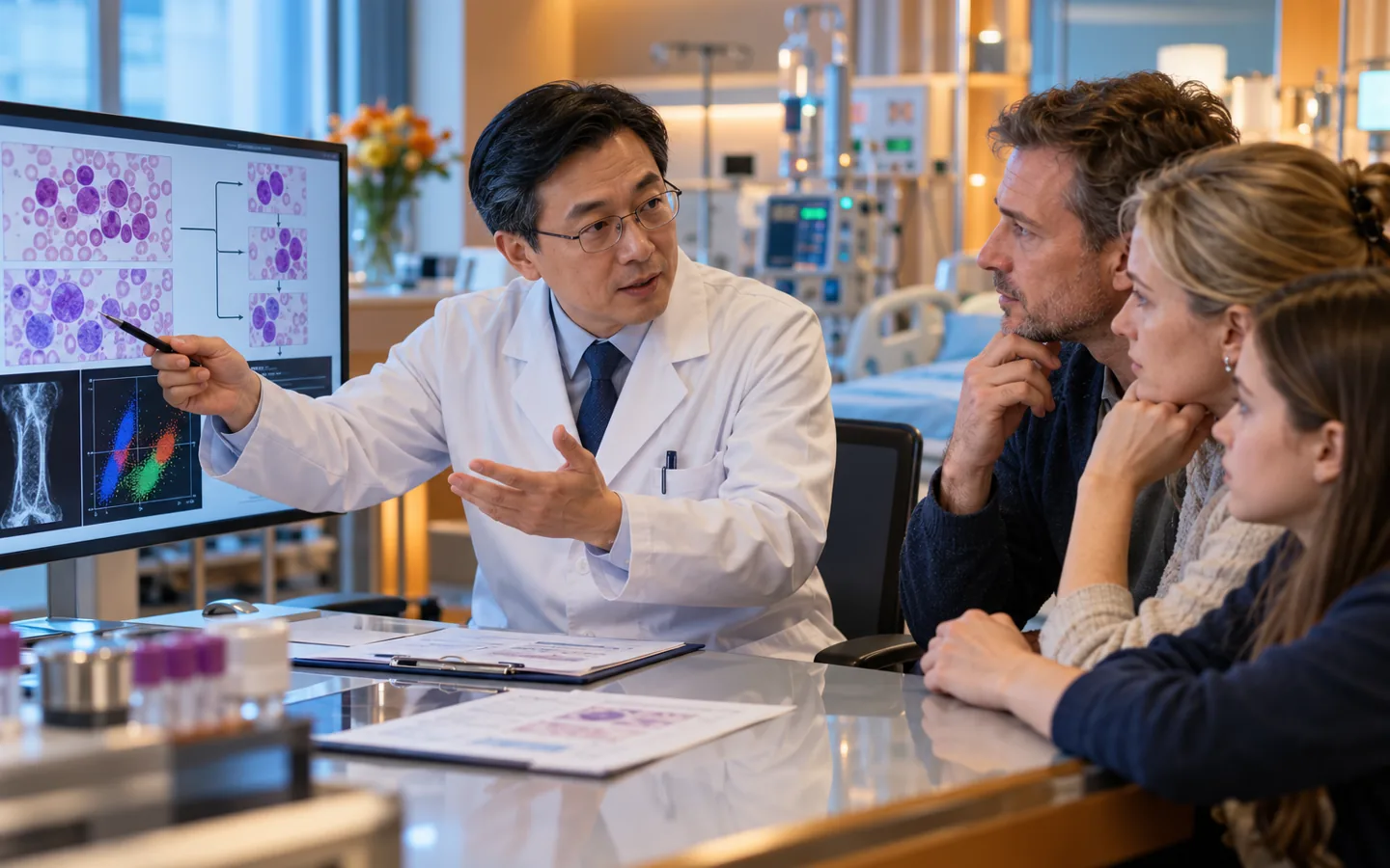 Chinese hematologist explaining acute leukemia classification and treatment to an international family