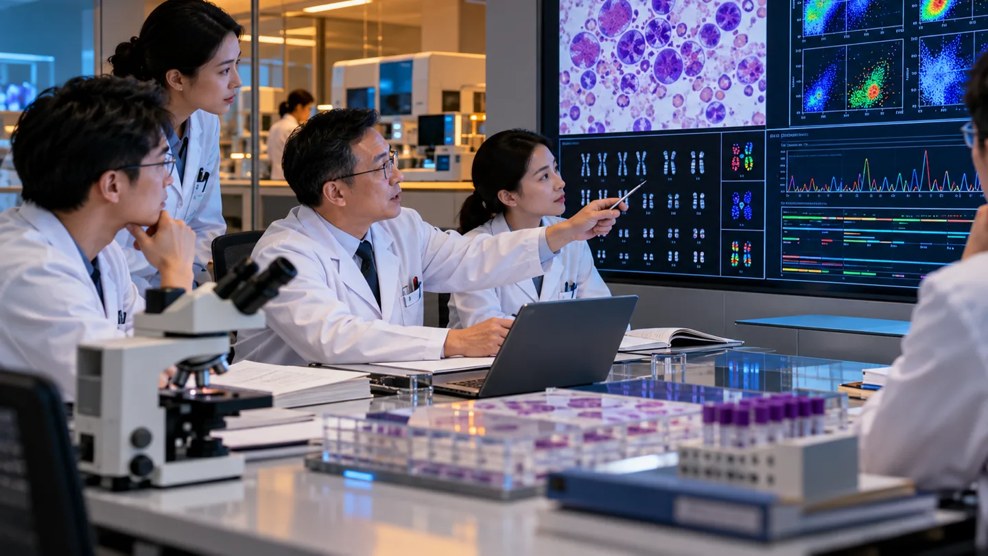 Chinese leukemia laboratory team reviewing marrow morphology flow cytometry and molecular results