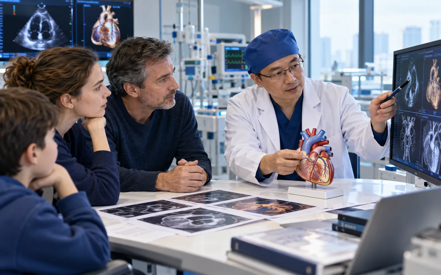 Chinese adult congenital cardiac surgeon reviewing childhood heart repair history with an international patient