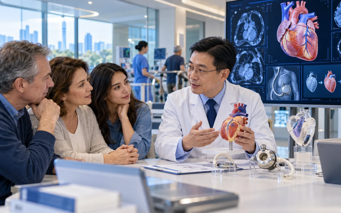 Chinese advanced heart failure specialist discussing treatment goals with an international family