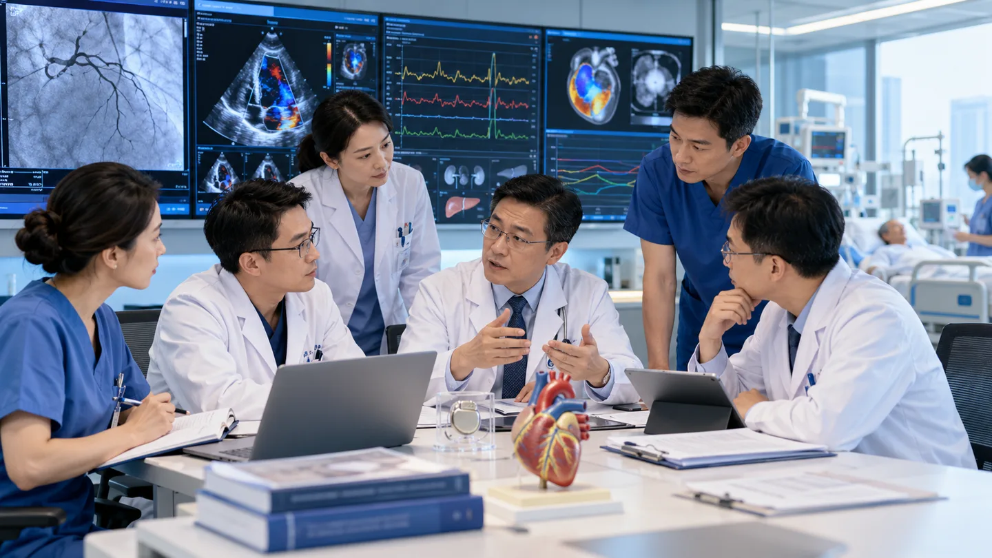 Chinese multidisciplinary heart failure team reviewing hemodynamics devices and organ function