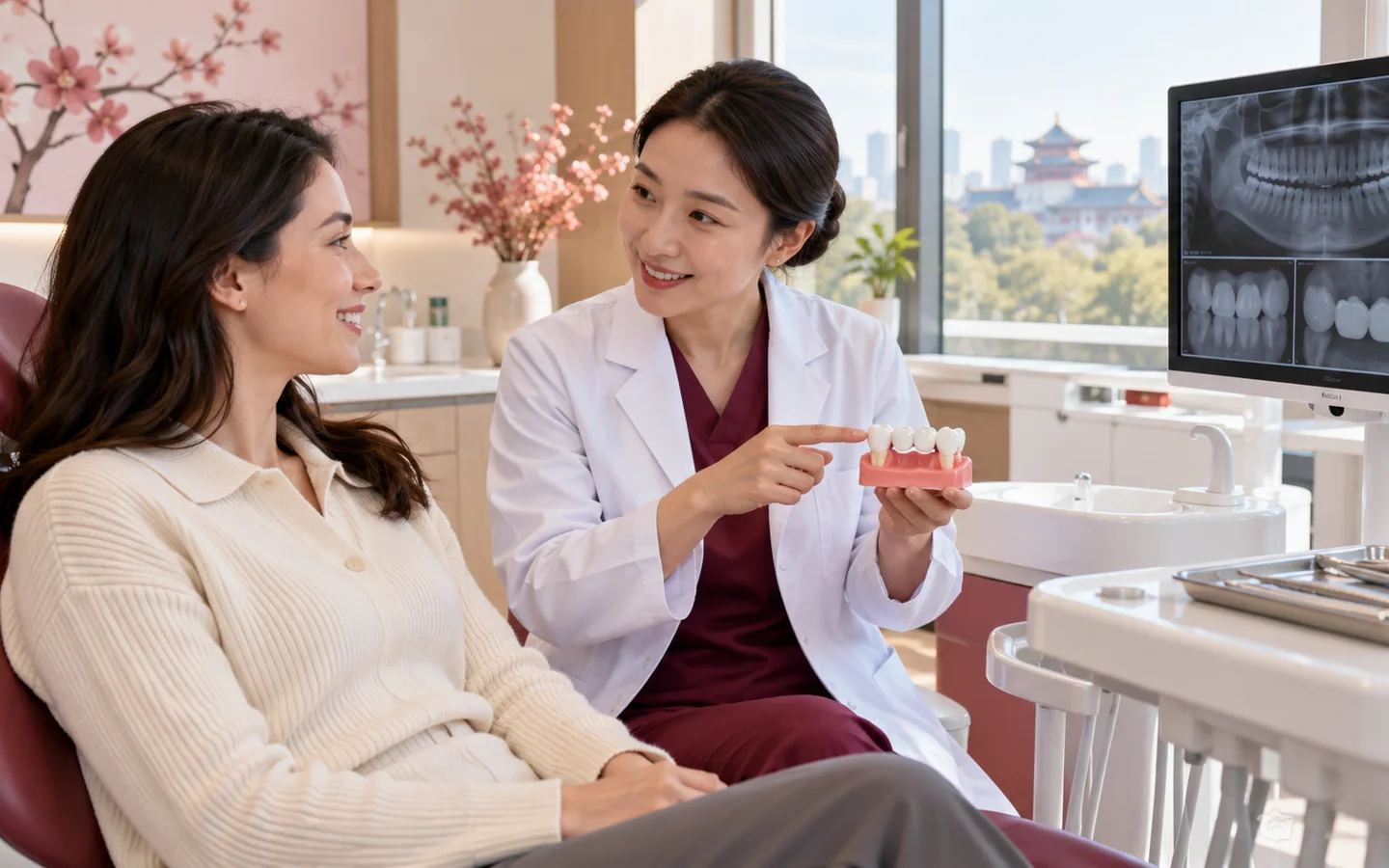 Fully clothed international patient completing full-arch bridge cleaning bite and implant maintenance review with a Chinese dental clinician