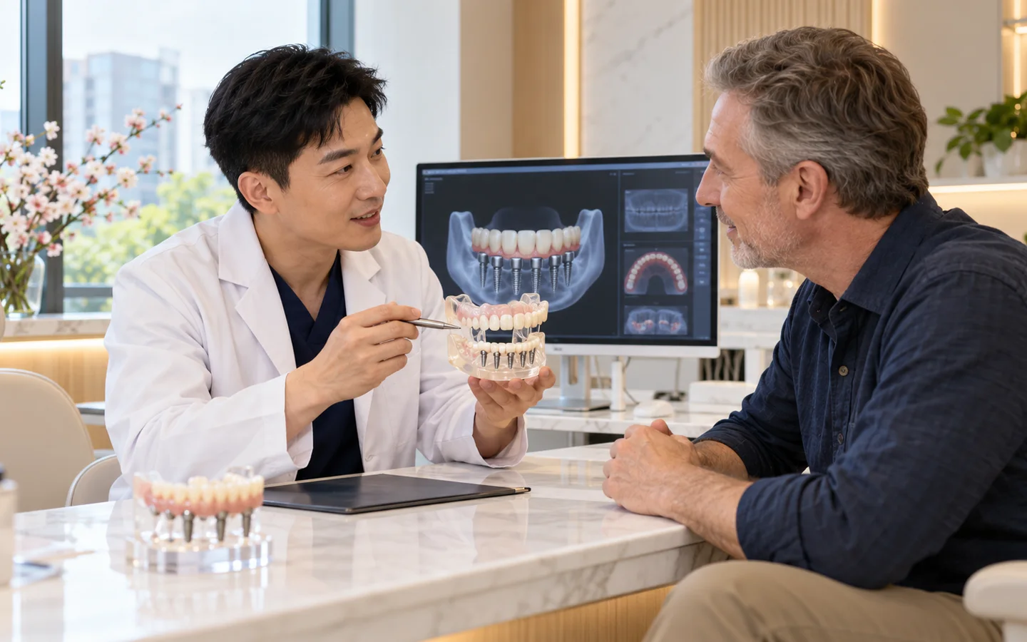 Chinese dental specialist explaining full-arch implant bridge design using a jaw model and provisional prosthesis to a fully clothed international patient