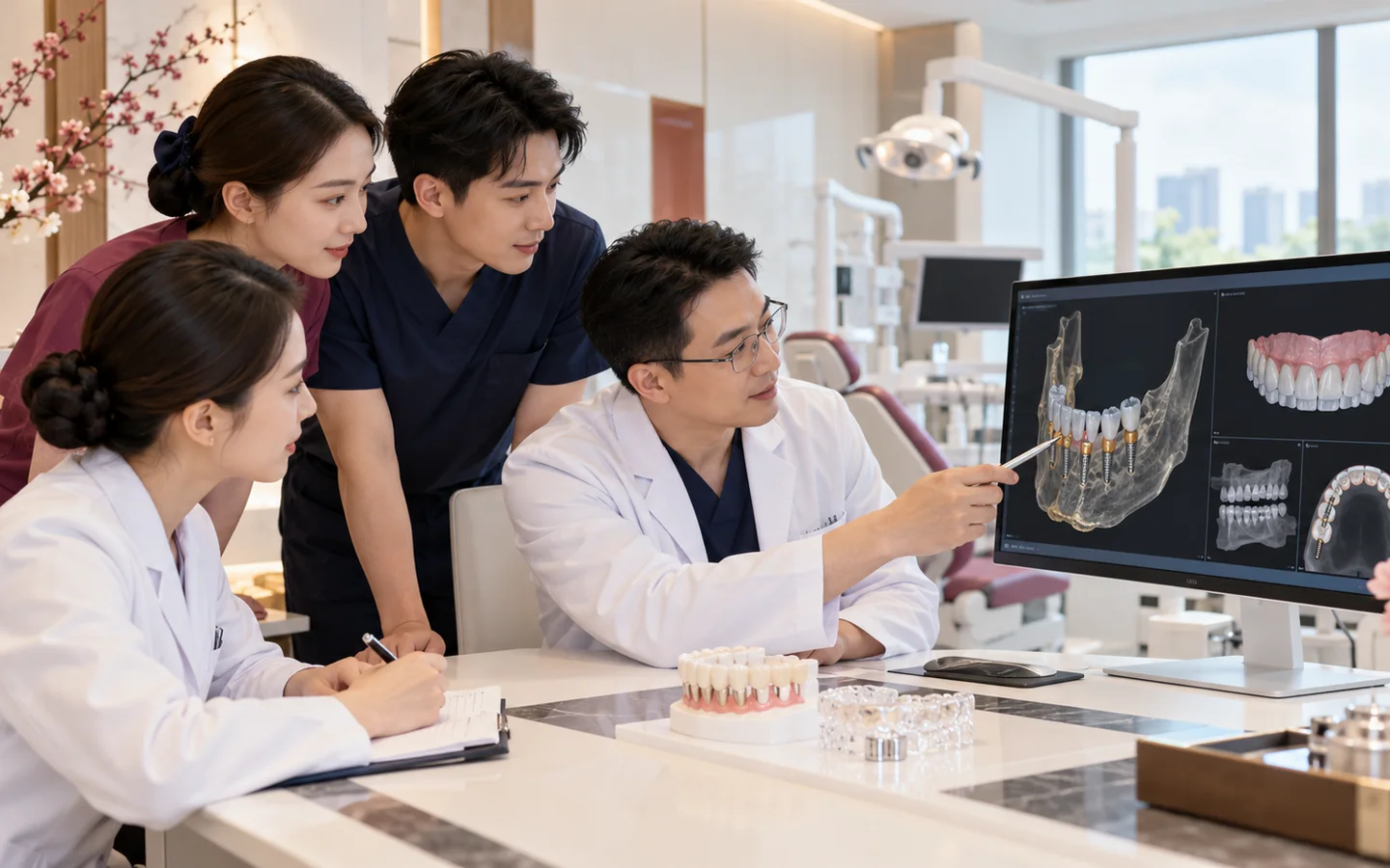 Chinese dental team reviewing CBCT digital smile bite jaw relation implant distribution and hygiene access