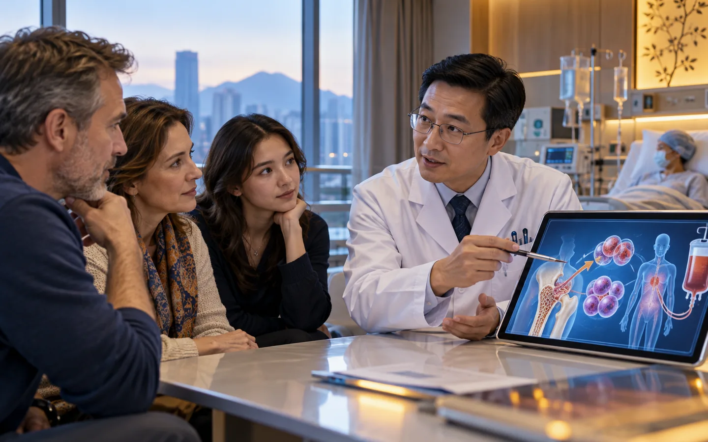 Chinese transplant physician explaining donor stem cell transplant to an international family