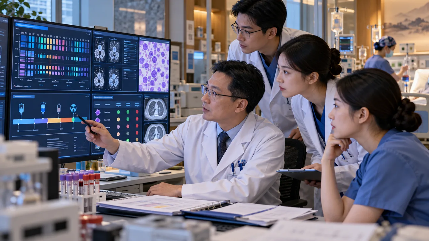 Chinese transplant team reviewing HLA matching conditioning and infection screening