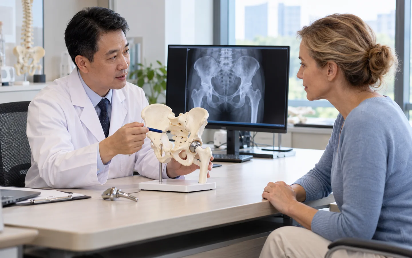 Chinese orthopedic surgeon explaining the anterior approach to hip replacement using a pelvis model