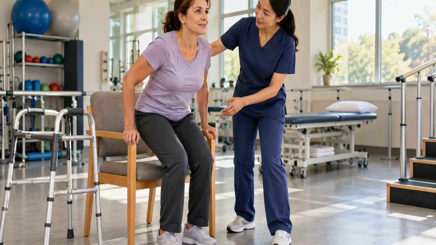 International patient practising a supervised sit-to-stand exercise after anterior hip replacement
