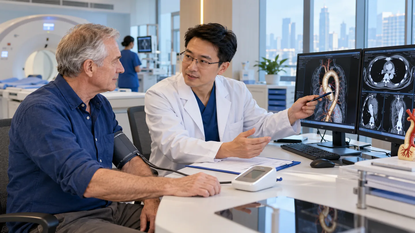 International patient undergoing structured blood pressure and CT follow-up after aortic aneurysm repair