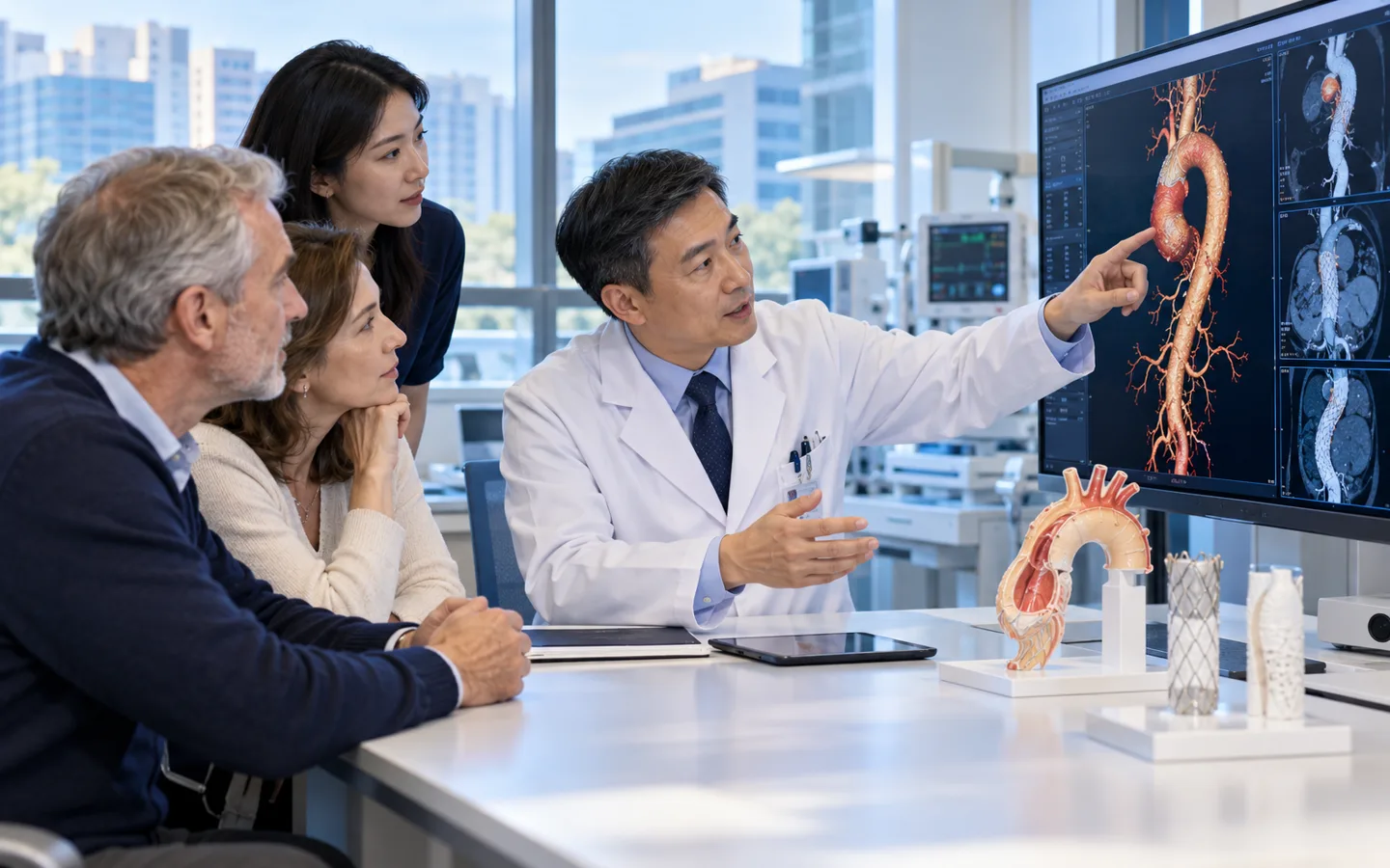 Chinese aortic surgeon reviewing a three dimensional aorta scan with an international patient