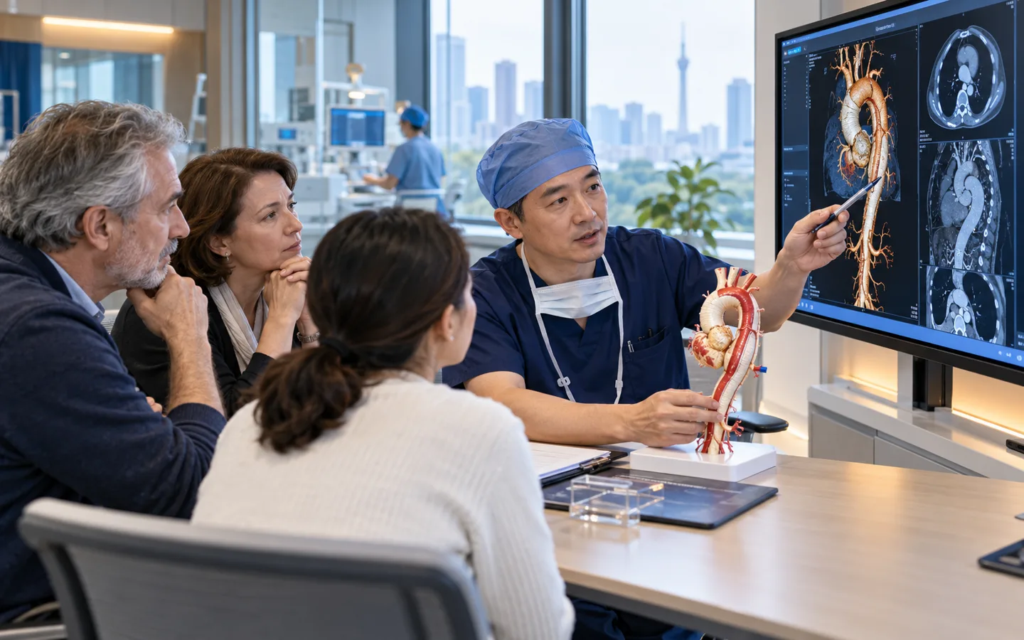 Chinese emergency aortic surgeon explaining an urgent dissection repair plan to an international family
