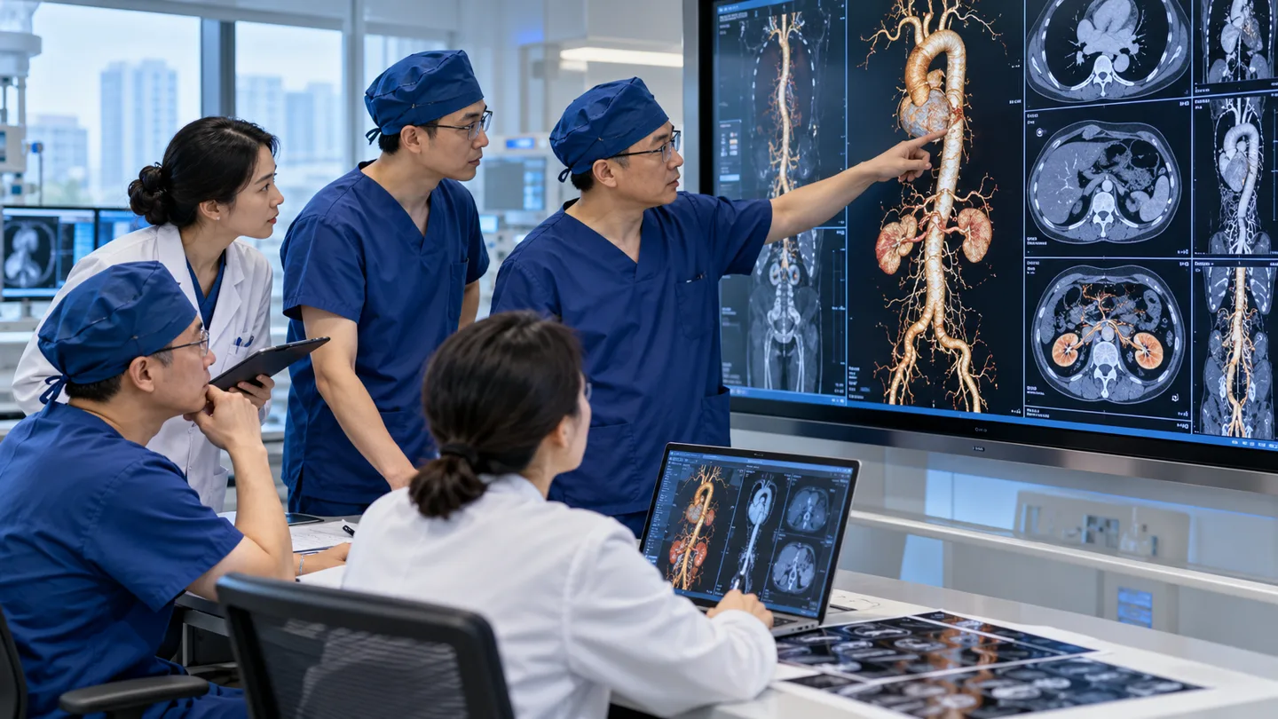 Chinese aortic team reviewing CT angiography and organ perfusion before complex dissection surgery