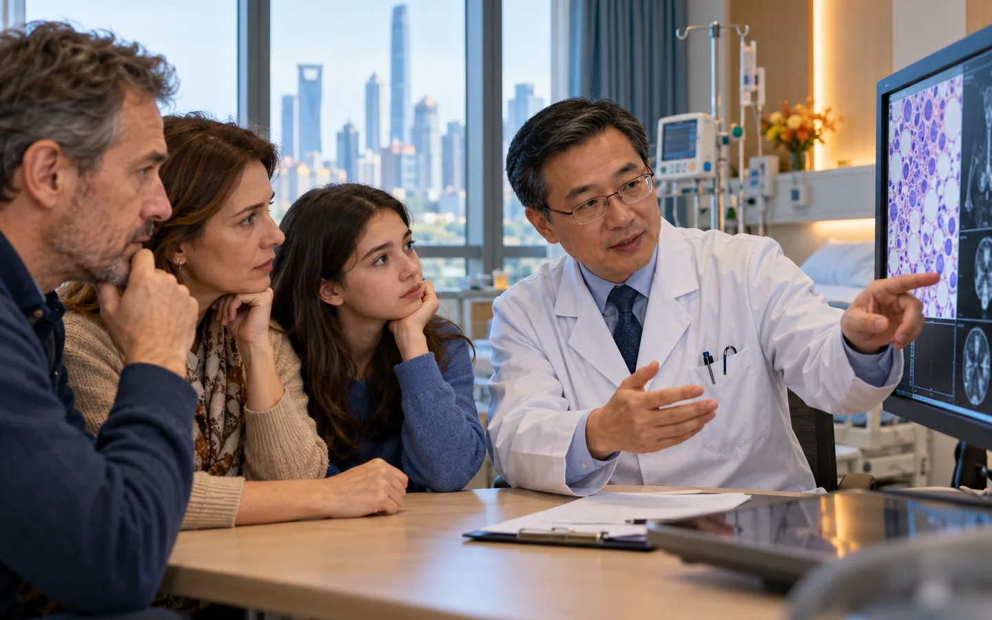 Chinese marrow failure specialist explaining aplastic anemia options to an international family