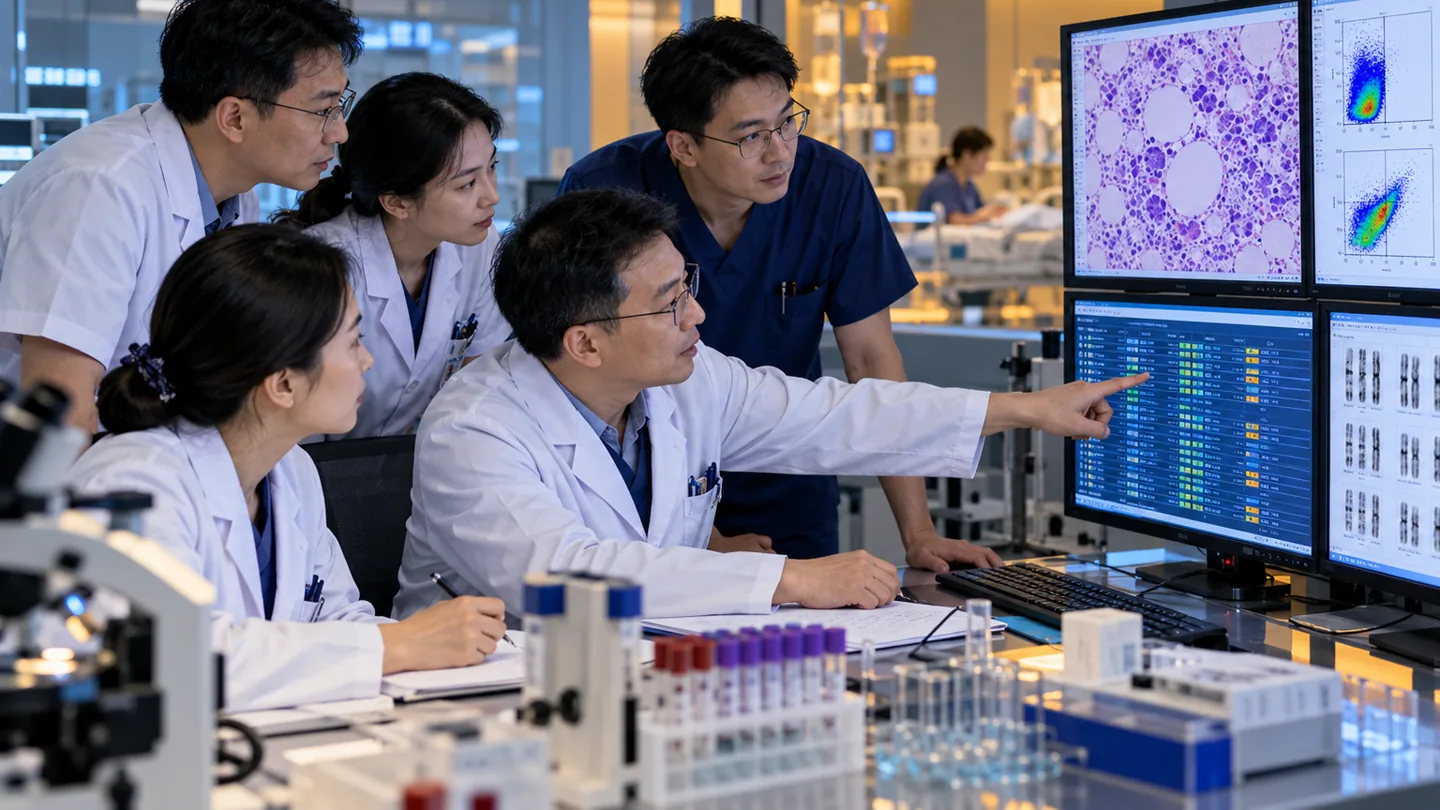 Chinese laboratory and transplant team reviewing hypocellular marrow PNH testing and HLA results