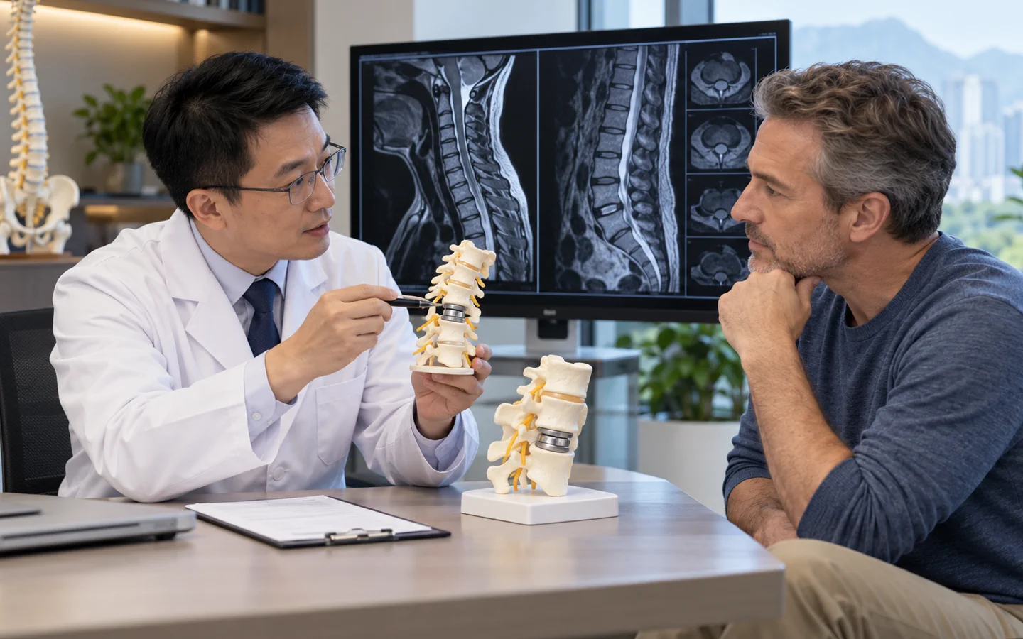 Chinese spine surgeon explaining cervical and lumbar artificial disc models to an international patient