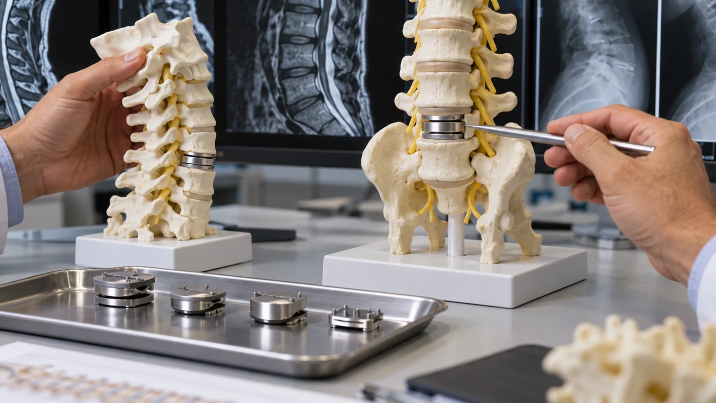 Cervical and lumbar spine models with artificial disc prostheses beside MRI and motion X-rays