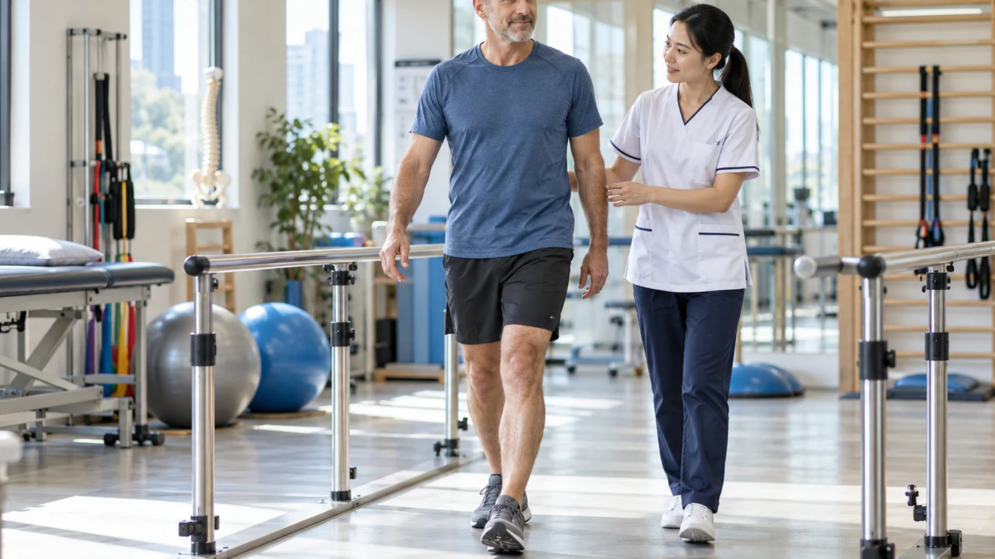 International patient walking with a Chinese physiotherapist during artificial disc replacement recovery