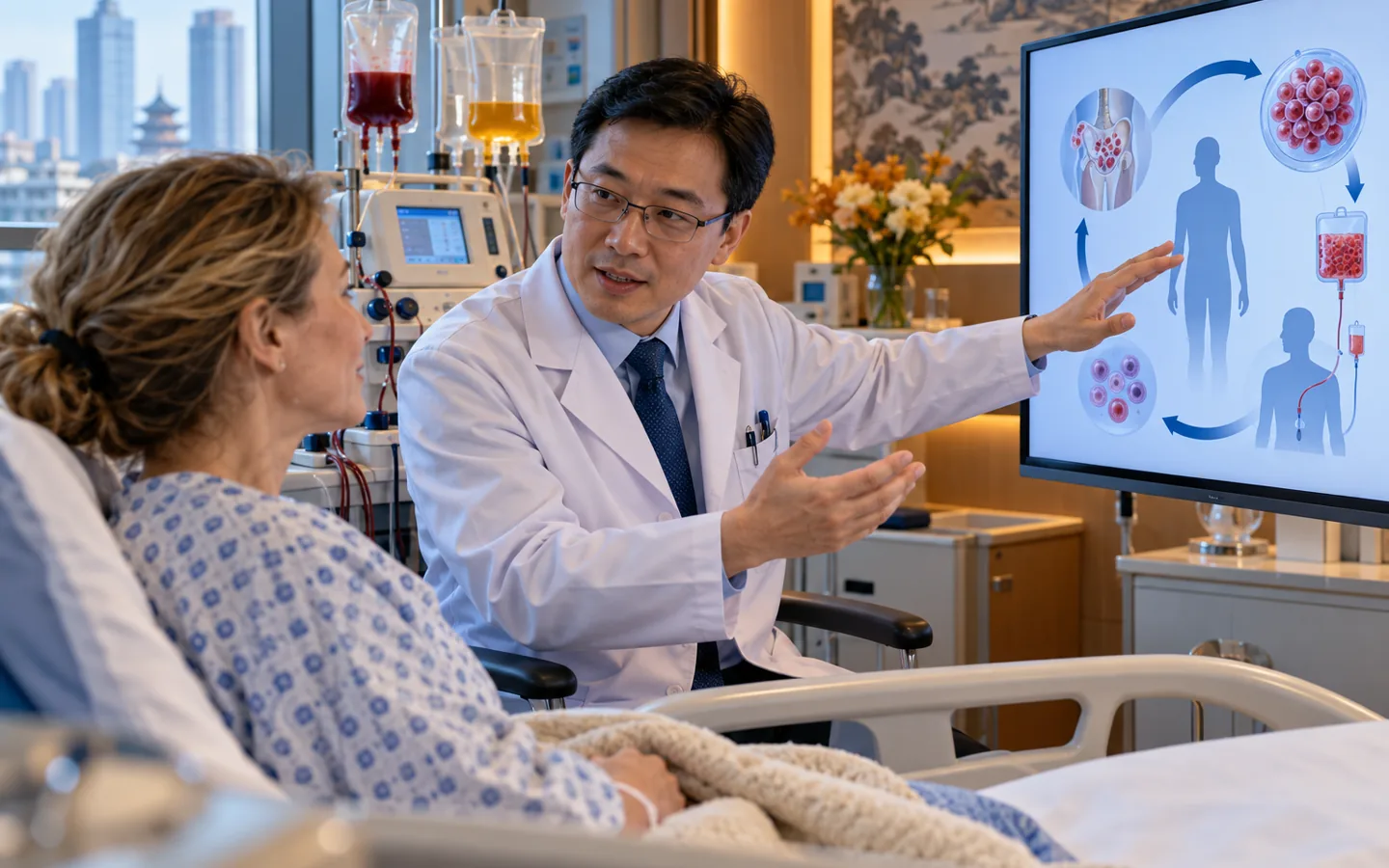 Chinese hematologist explaining autologous stem cell collection and transplant to an international patient